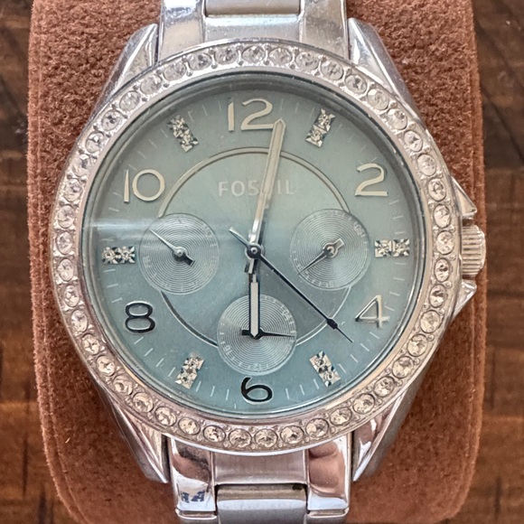 Fossil Silver Watch with Light Blue Face and Crystal Bezel - Picture 2 of 4